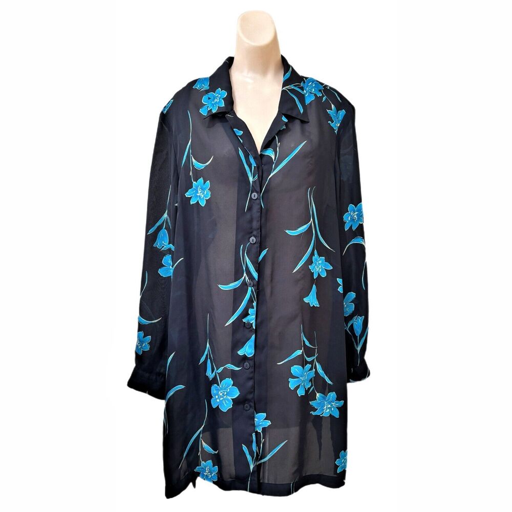 Womens Sheer Floral Print Button Up Top Size 1X Blue Vintage Shoulder Pads